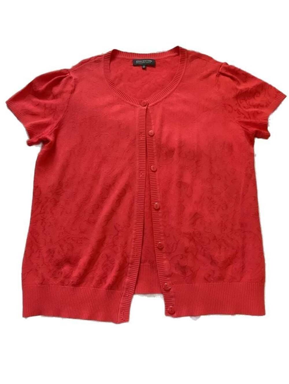 Jones NY 1X  Red Floral Damask Jacquard SS  Textured Grandmacore Cardigan